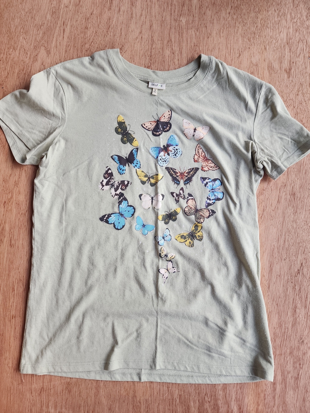 SELF E Sage Green Butterfly Graphic Chart T-Shirt Boho Size Small